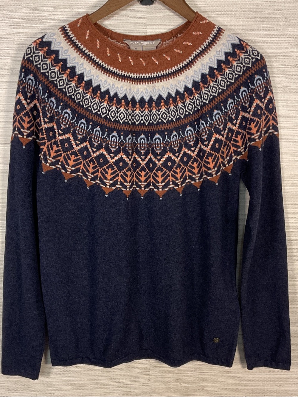 Royal Robbins Westlands Fair Isle Crew Sweater Merino Wool Blend Med Blue Brown